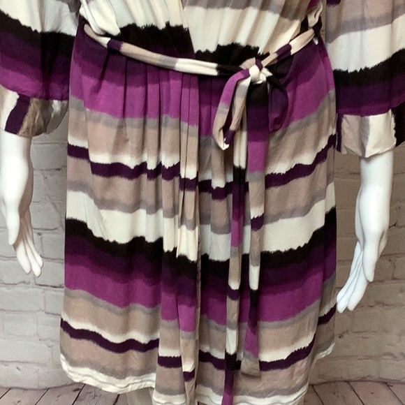 Josie By Natori Purple Tan White Striped Short Wrap Stretch Robe Sz M - Picture 6 of 12